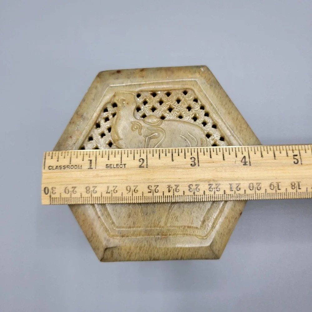 Vintage Carved Soapstone Hinged Trinket Box Trunk Up Elephant Hexagon Box
